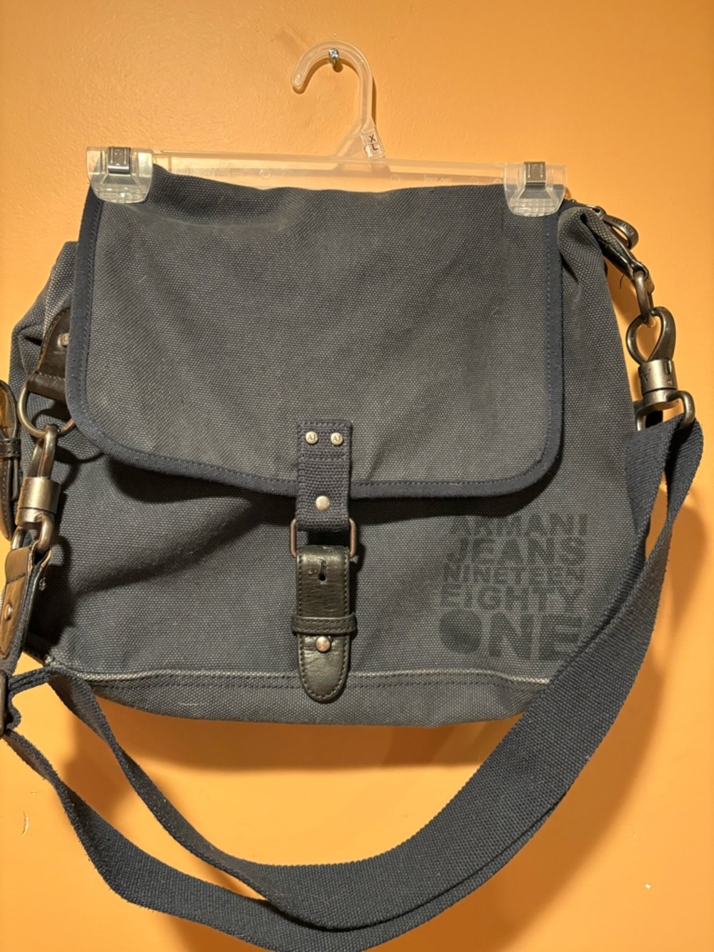 Armani Jeans Dark Navy Canvas Messenger Bag with Leather Trim